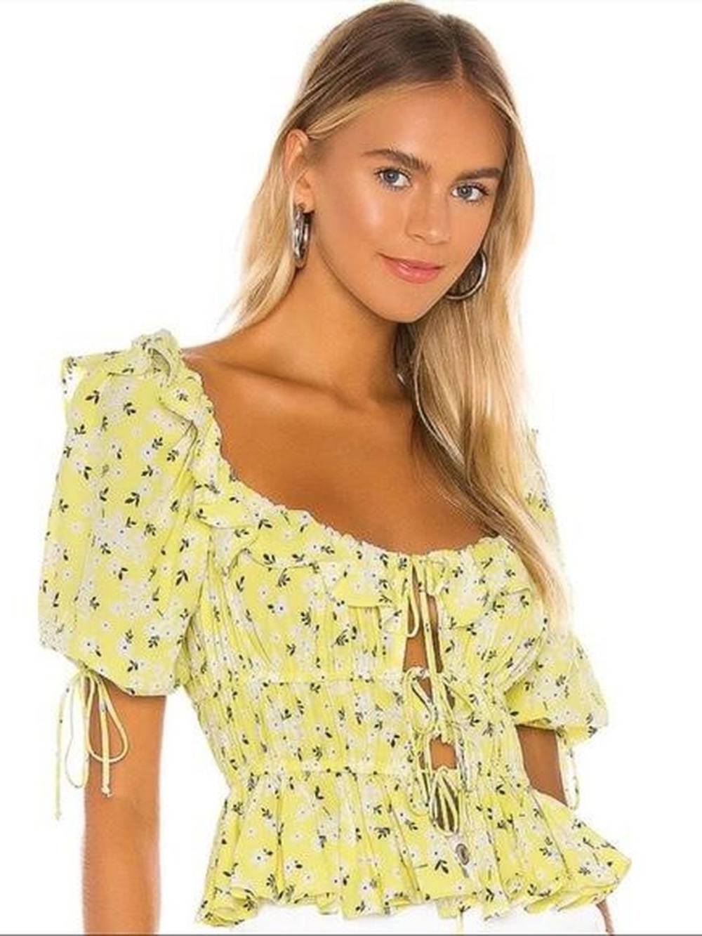 For Love & Lemons Yellow Floral Smocked Tie-Front Crop Top